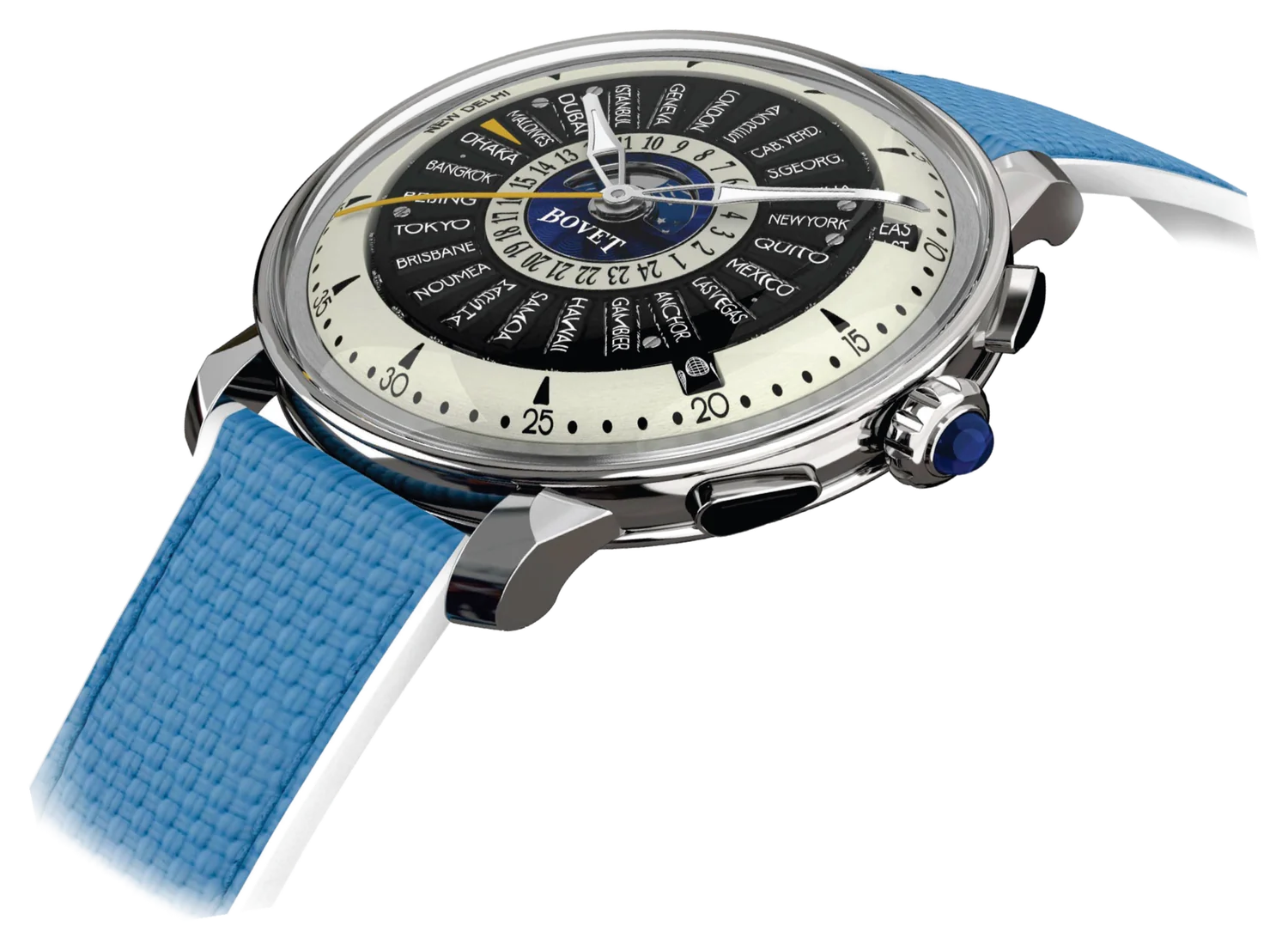 BOVET Récital 30, titanium case, world time dial, blue strap