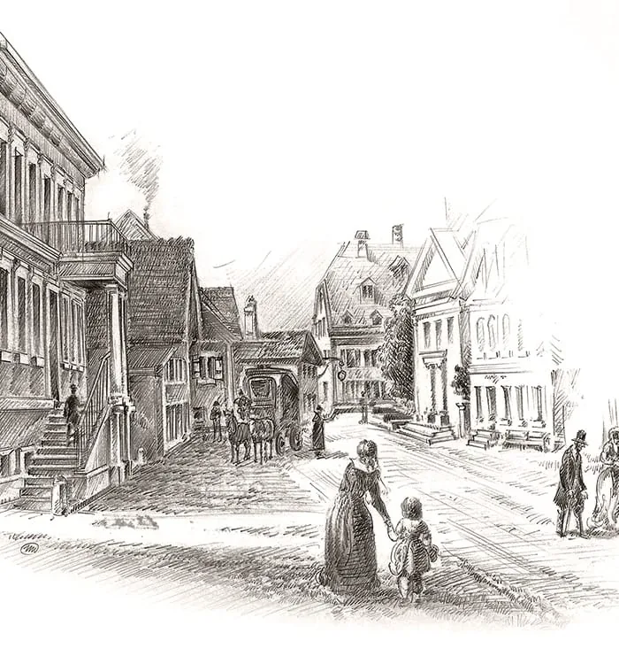 Fleurier village street in the 19th century, pencil illustration